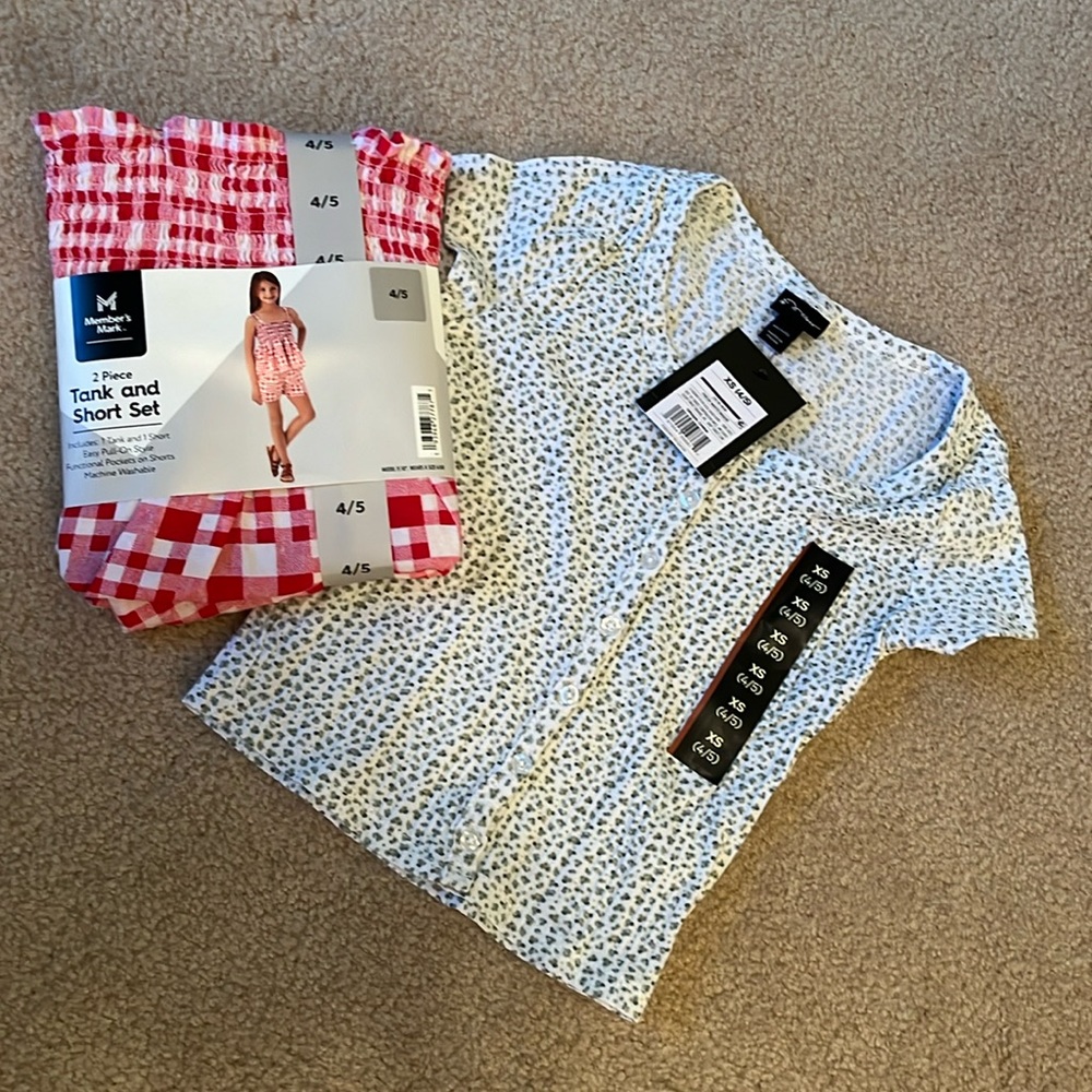 NWT Girls' size XS 4/5 2-pc red & white ruched tank/short set plus another top